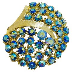 Vintage gold tone blue ab rhinestones designer brooch