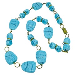 Vintage gold tone blue art glass designer necklace
