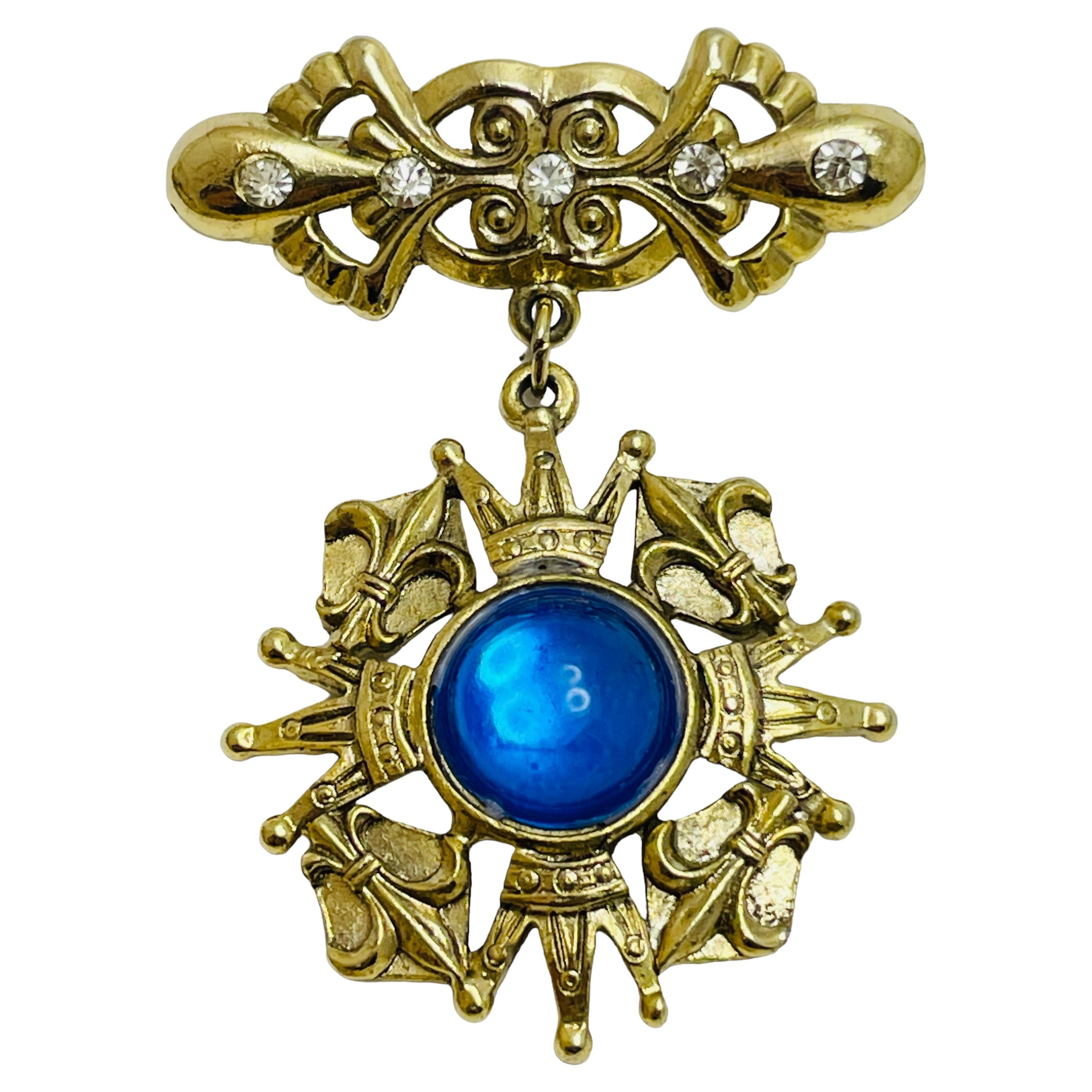 Vintage gold tone blue cab maltese cross dangle designer brooch