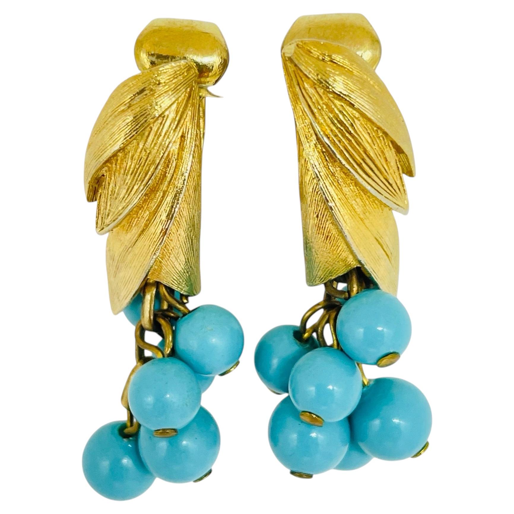 Vintage gold tone blue faux turquoise beads designer dangle clip on earrings For Sale
