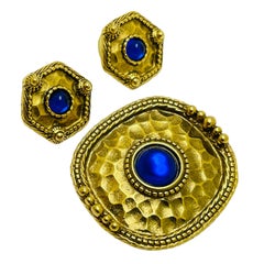 Vintage gold tone blue glass designer brooch earrings set