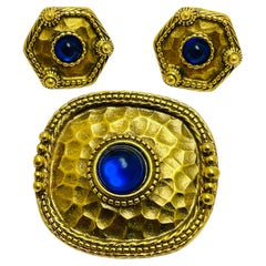 Vintage gold tone blue glass designer brooch earrings set