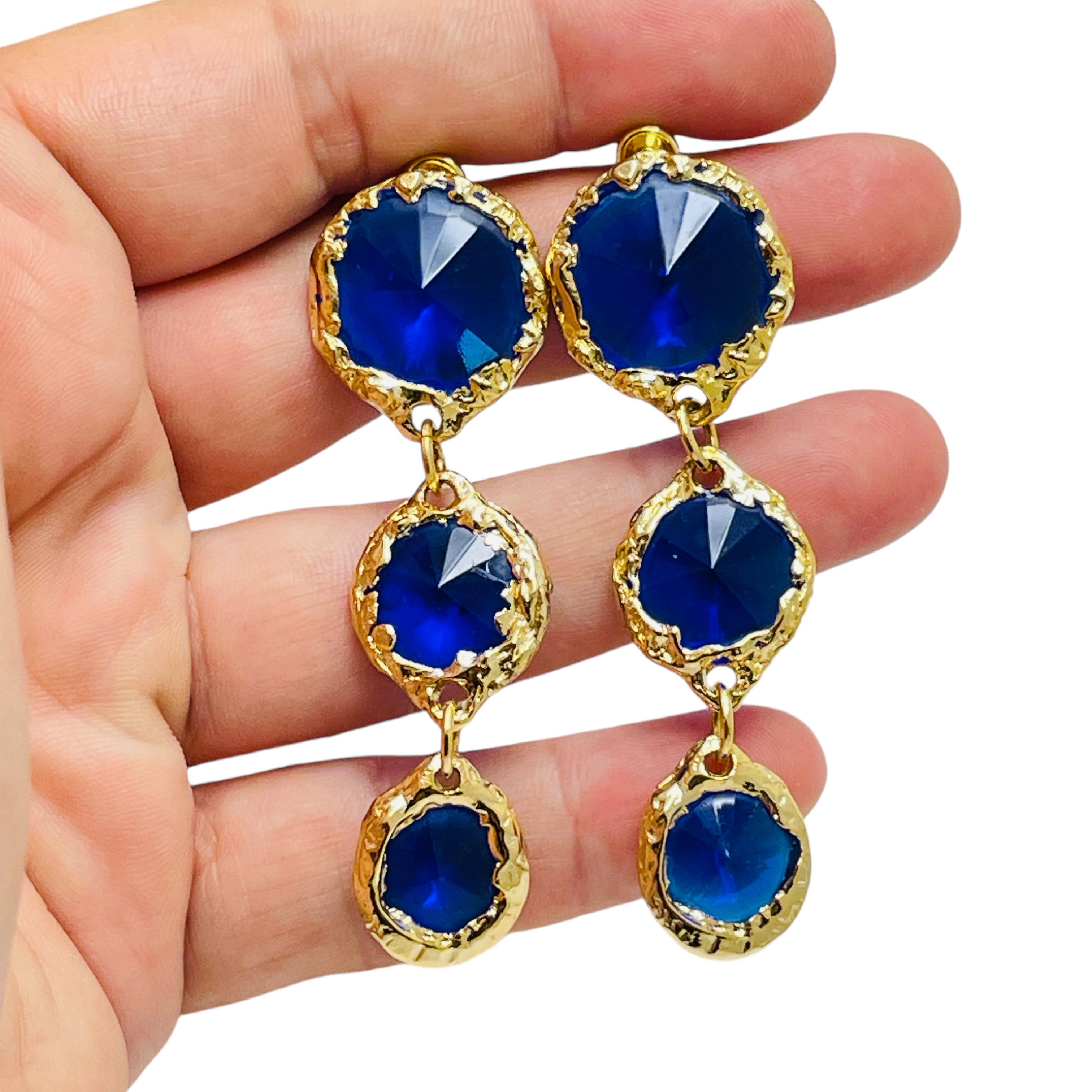 Vintage Gold Ton blau Glas Designer baumeln durchbohrt Ohrringe Damen im Angebot