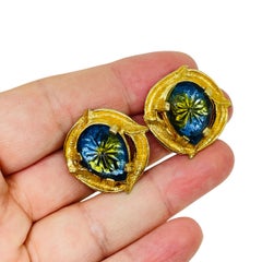 Vintage gold tone blue green watermelon glass designer clip earrings