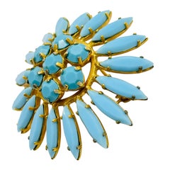 Vintage gold tone blue navette flower designer brooch