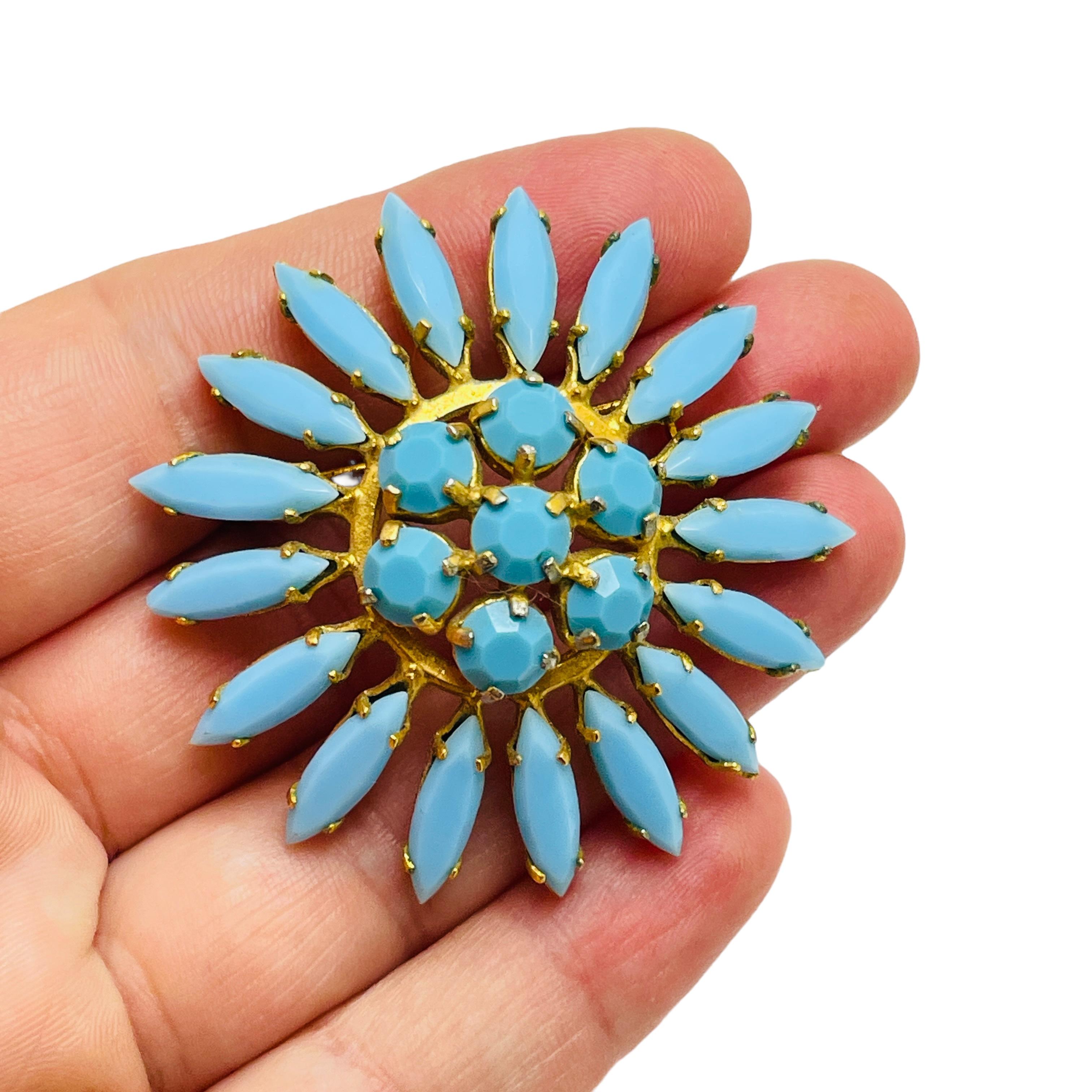 Women's Vintage gold tone blue navette flower designer brooch For Sale