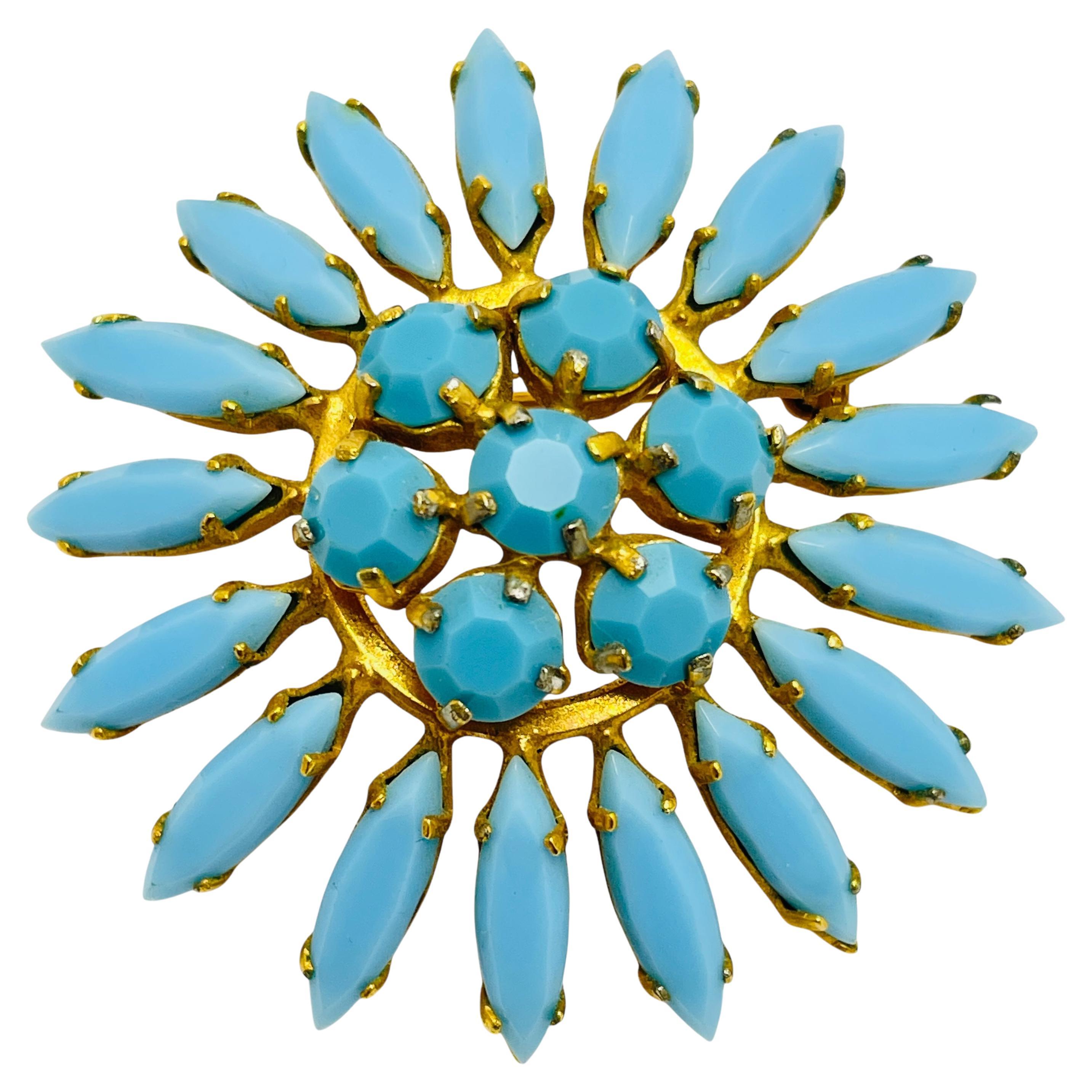 Vintage gold tone blue navette flower designer brooch For Sale