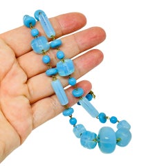 Vintage gold tone blue opal glass beads designer 1960's necklace