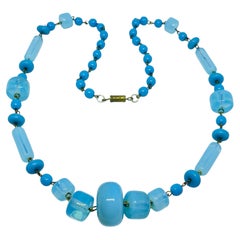 Vintage gold tone blue opal glass beads designer 1960's necklace