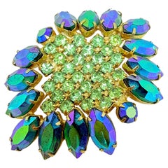 Vintage Gold Ton blau lila grün Glas massiv Designer Brosche