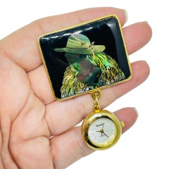 Vintage gold tone BONETTO watch dangle lady in hat designer brooch