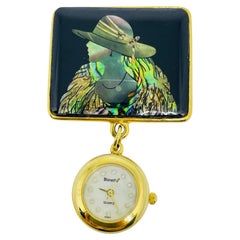 Vintage gold tone BONETTO watch dangle lady in hat designer brooch