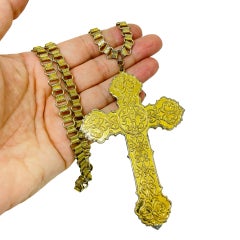 Vintage gold tone book chain large cross pendant necklace