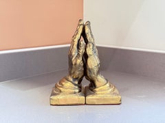 Vintage Gold-Tone Bookend Praying Hands Decorative Bronze Sculptural Book Holder
