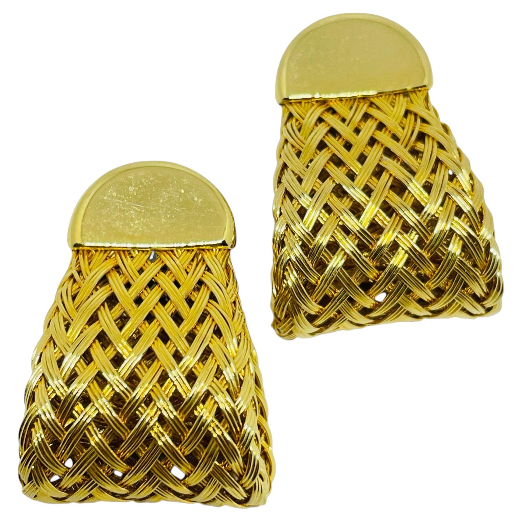 Vintage gold tone braided design designer pierced earrings For Sale