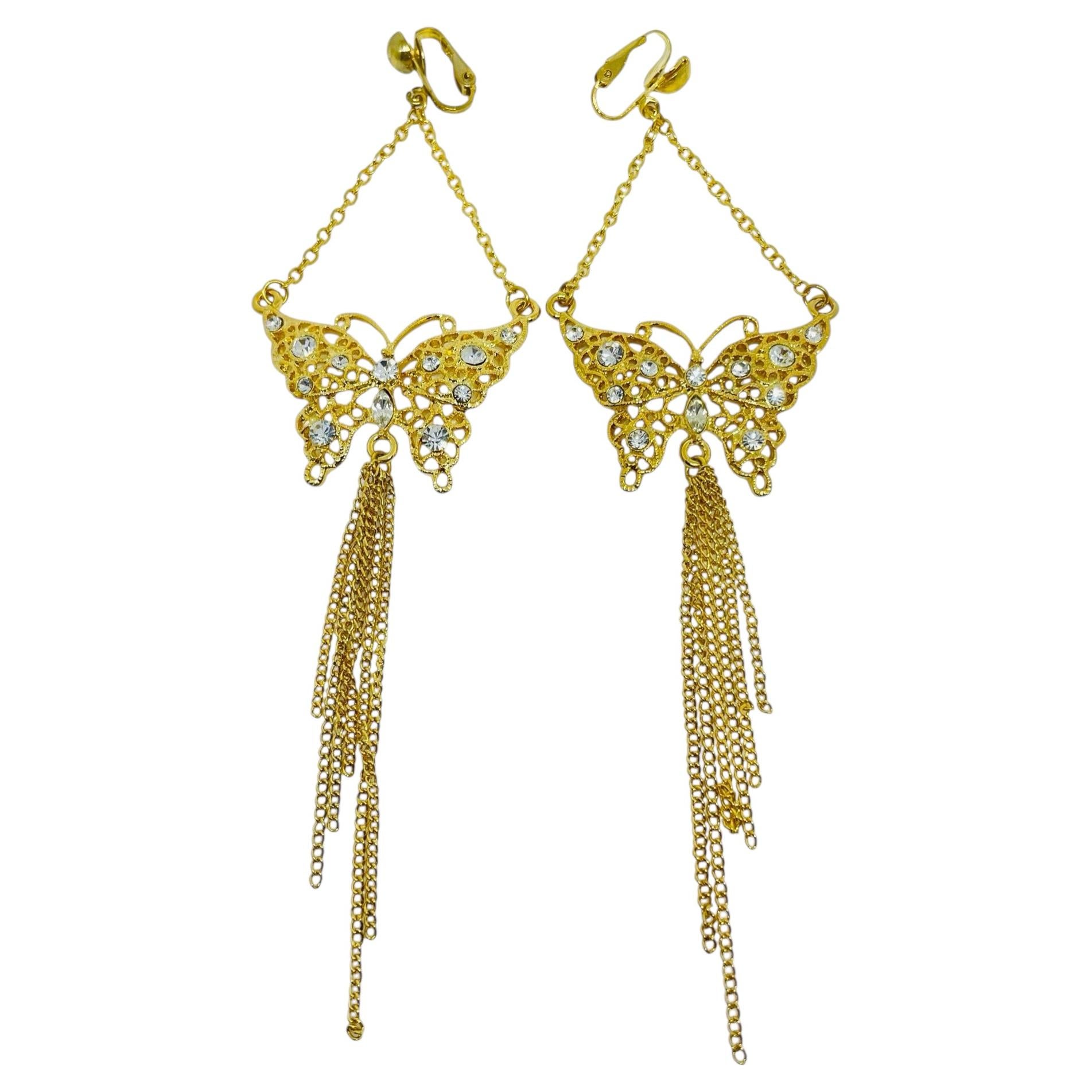 Vintage gold tone butterfly rhinestone dangle chain tassel clip on earrings