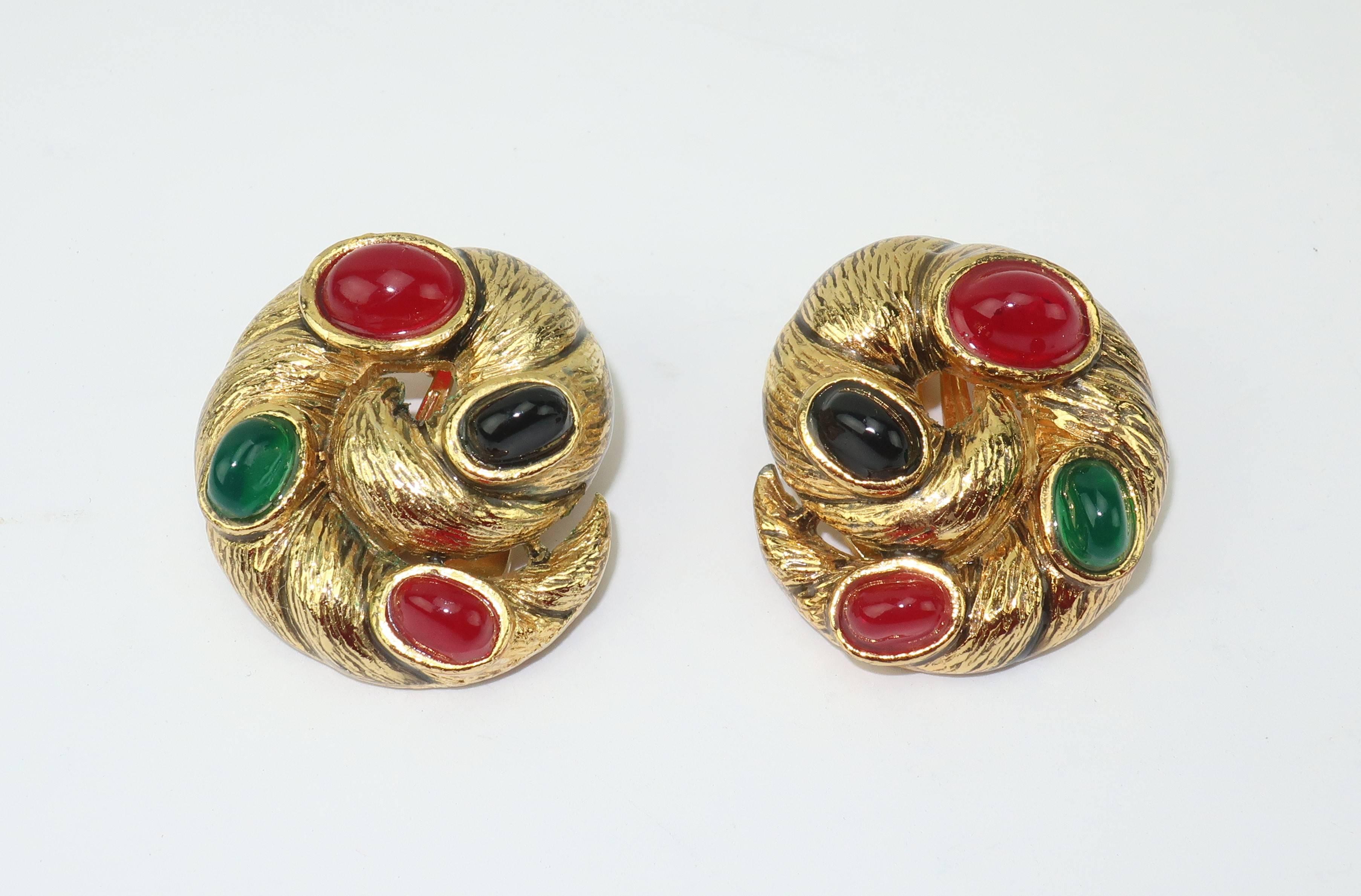 Vintage Gold Tone Cabochon Clip On Earrings 3