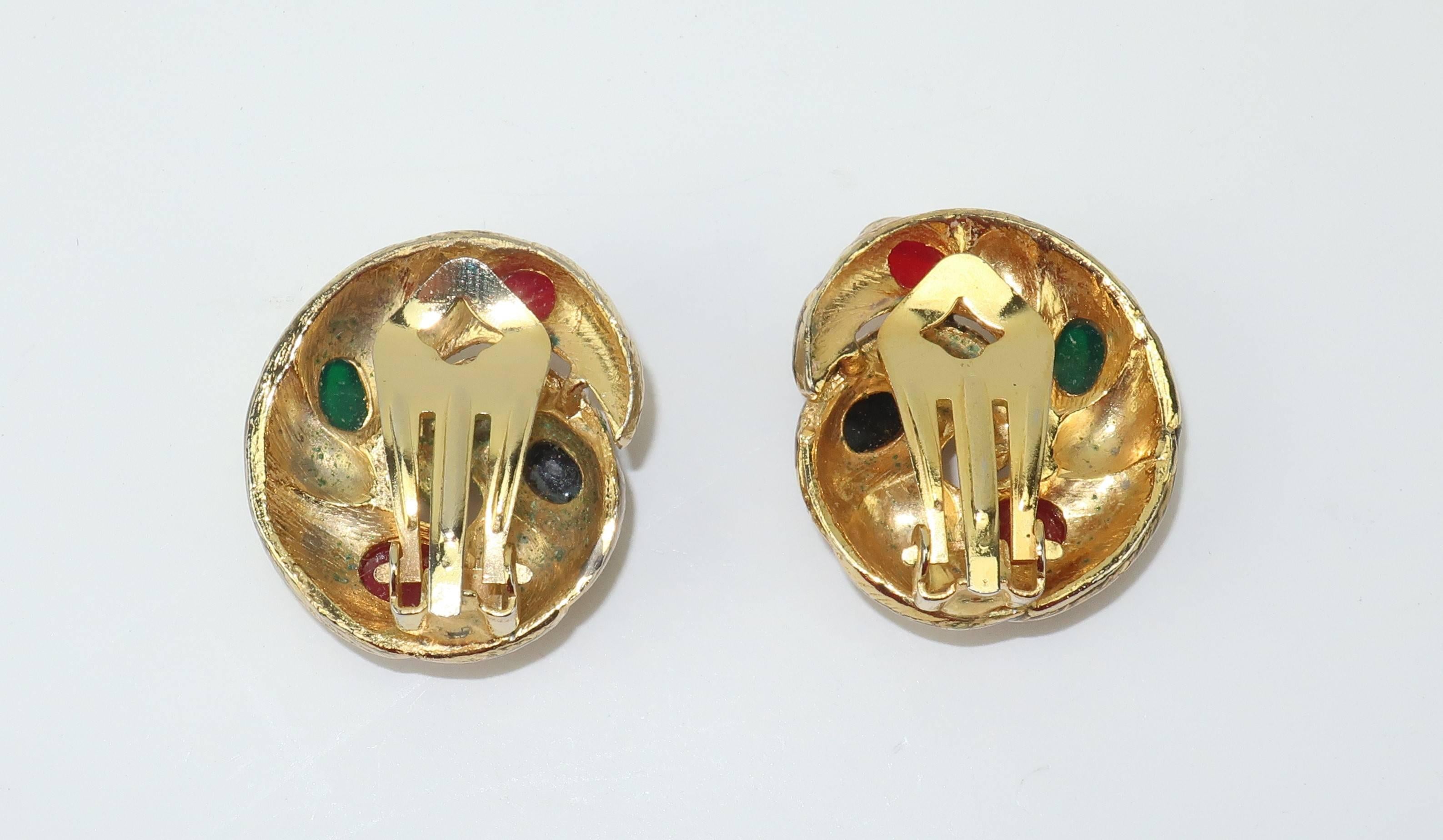 Vintage Gold Tone Cabochon Clip On Earrings 4