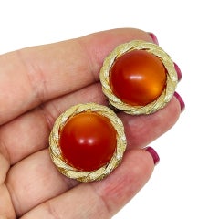 Vintage gold tone carnelian glass designer clip on earrings