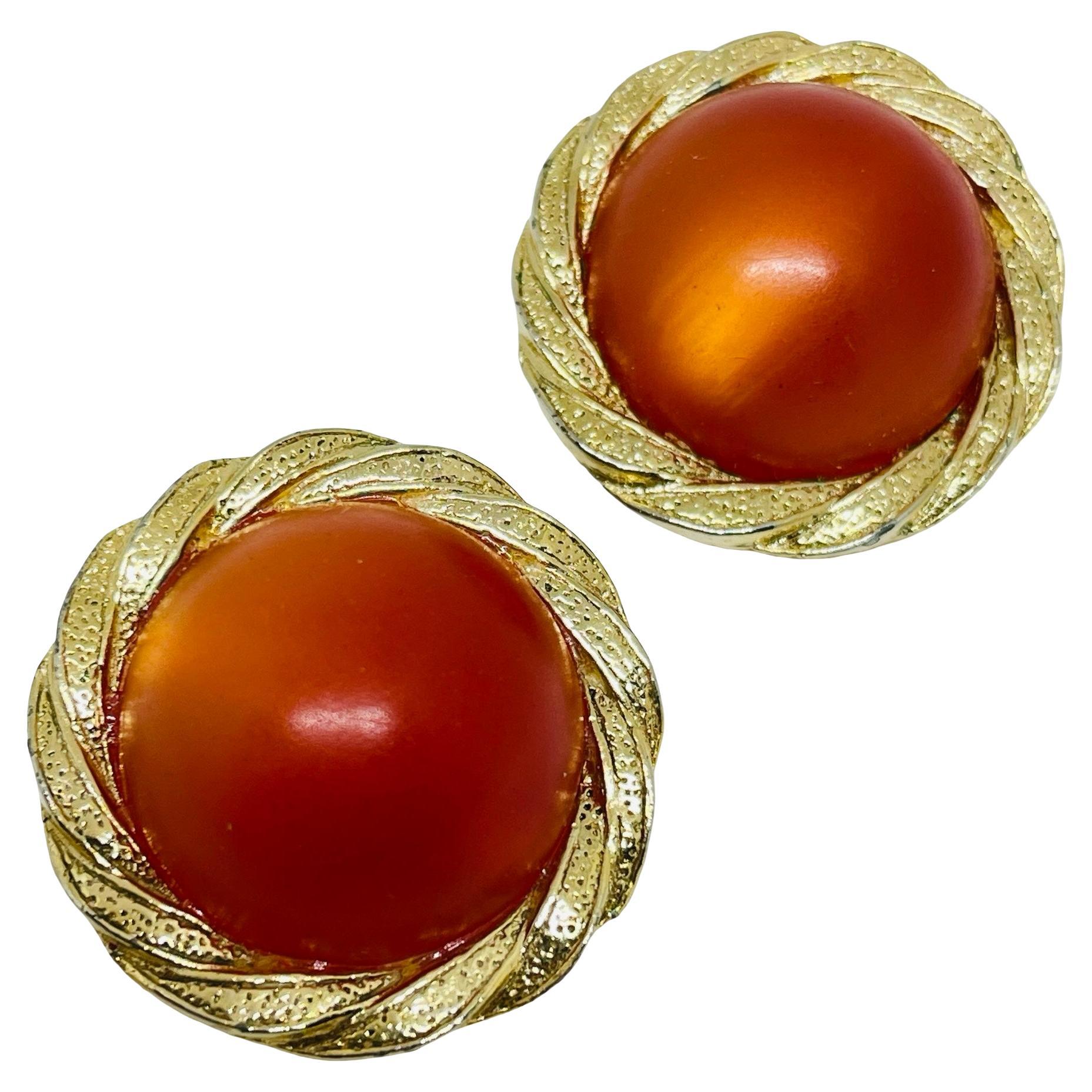 Vintage gold tone carnelian glass designer clip on earrings For Sale