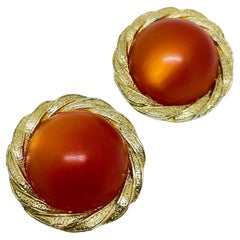 Vintage gold tone carnelian glass designer clip on earrings