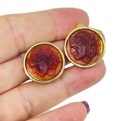 Vintage gold tone carnelian glass Etruscan intaglio designer clip earrings