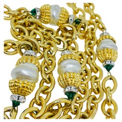 Vintage gold tone chain glass pearls emerald beads long designer necklace