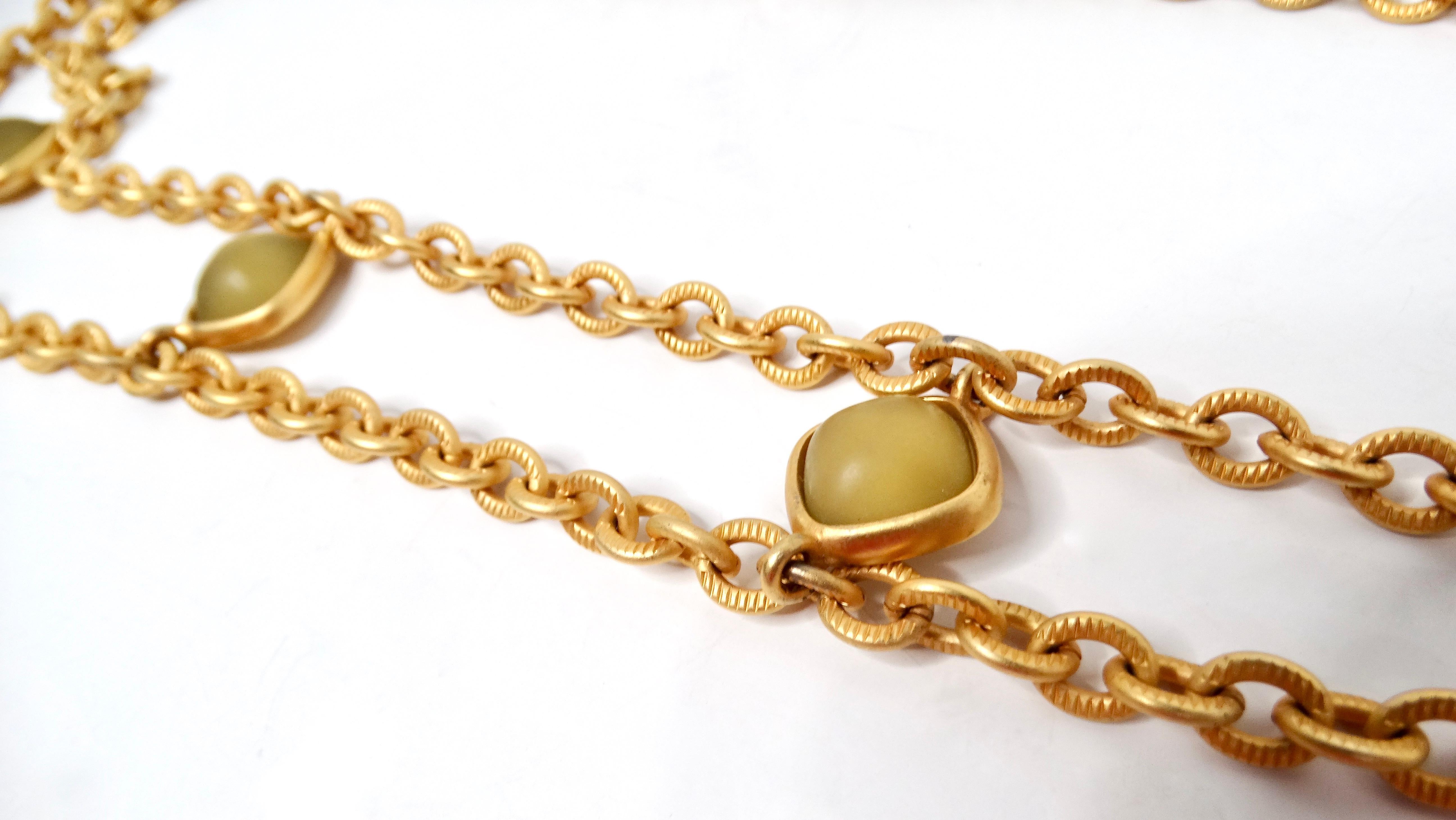 Brown Vintage Gold Tone Chain Link Belt With Olive Green Accents For Sale