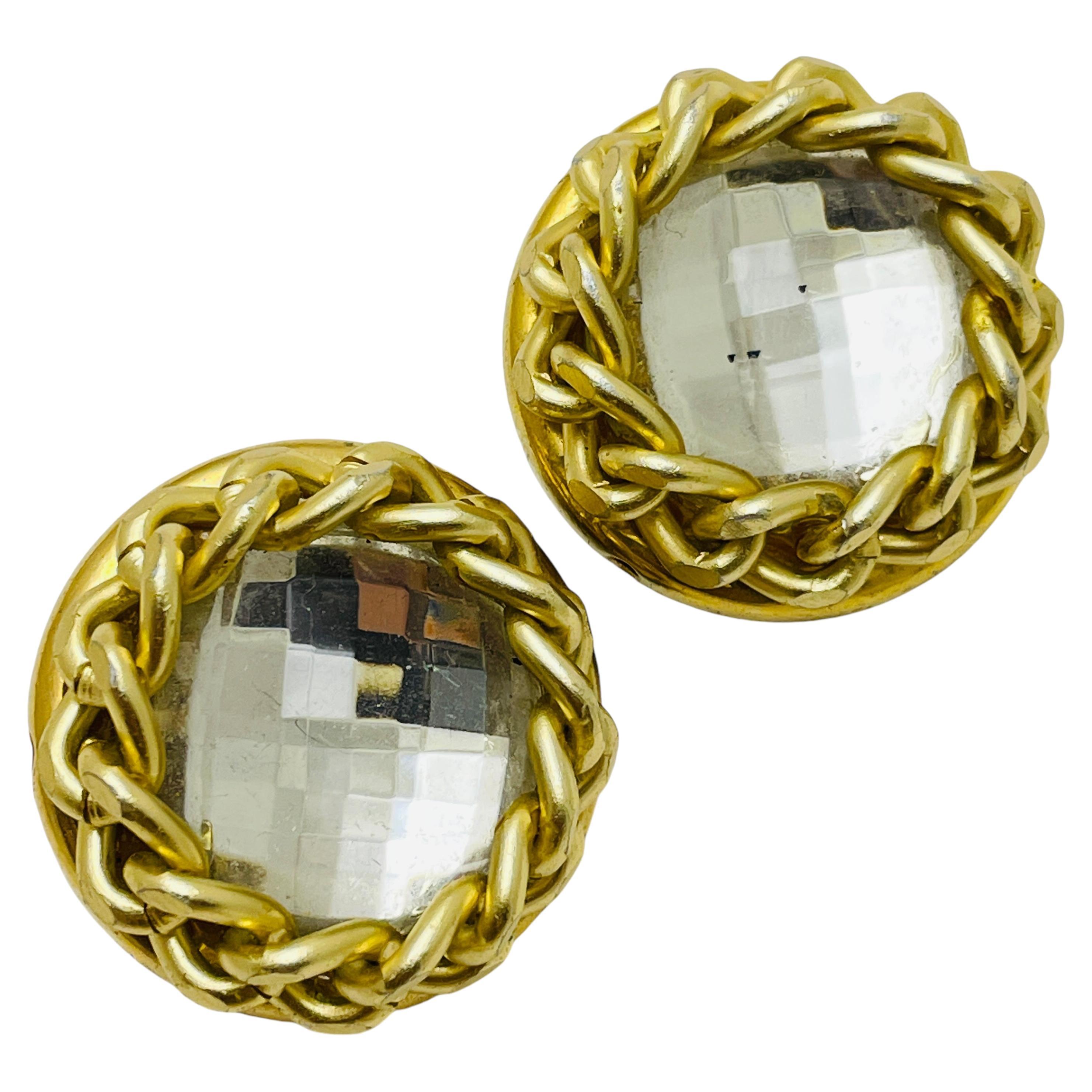 Vintage gold tone chain massive designer clip on earrings