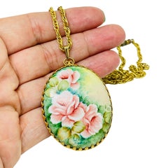 Vintage Gold Ton Kette gemalt Blumen Porzellan signiert Designer Halskette