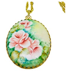 Vintage Gold Ton Kette gemalt Blumen Porzellan signiert Designer Halskette