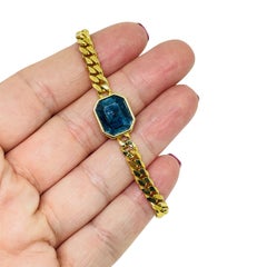 Vintage gold tone chain sapphire glass designer bracelet