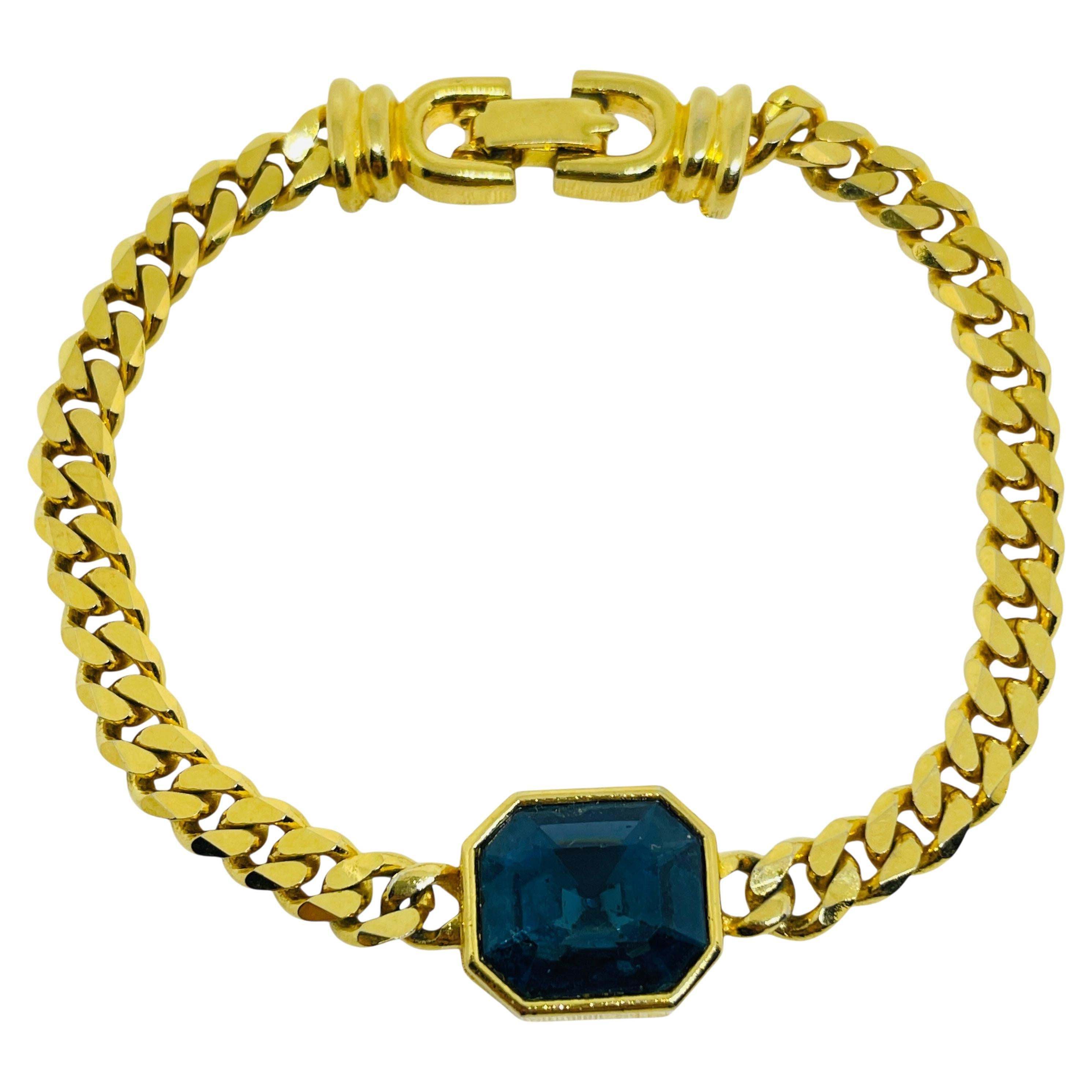 Vintage gold tone chain sapphire glass designer bracelet For Sale