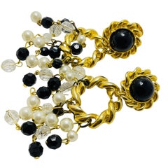 Vintage gold tone chandelier dangle beads designer clip on earrings