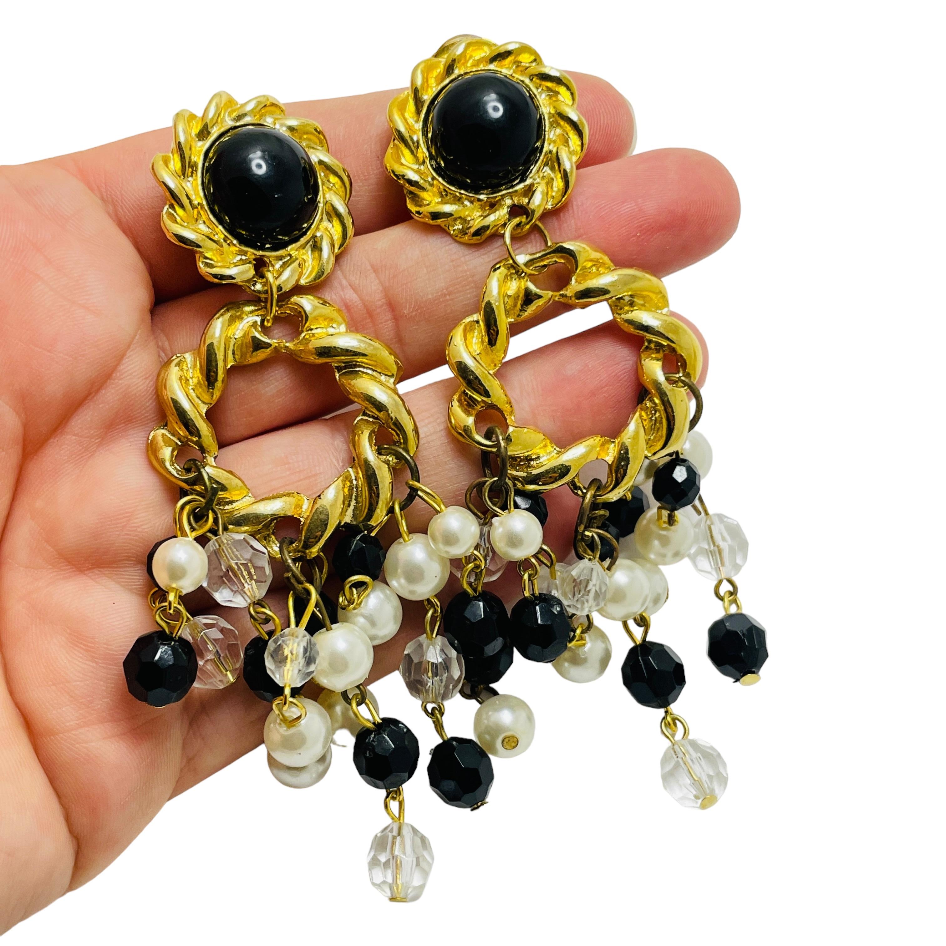 Women's Vintage gold tone chandelier dangle beads designer clip on earrings For Sale