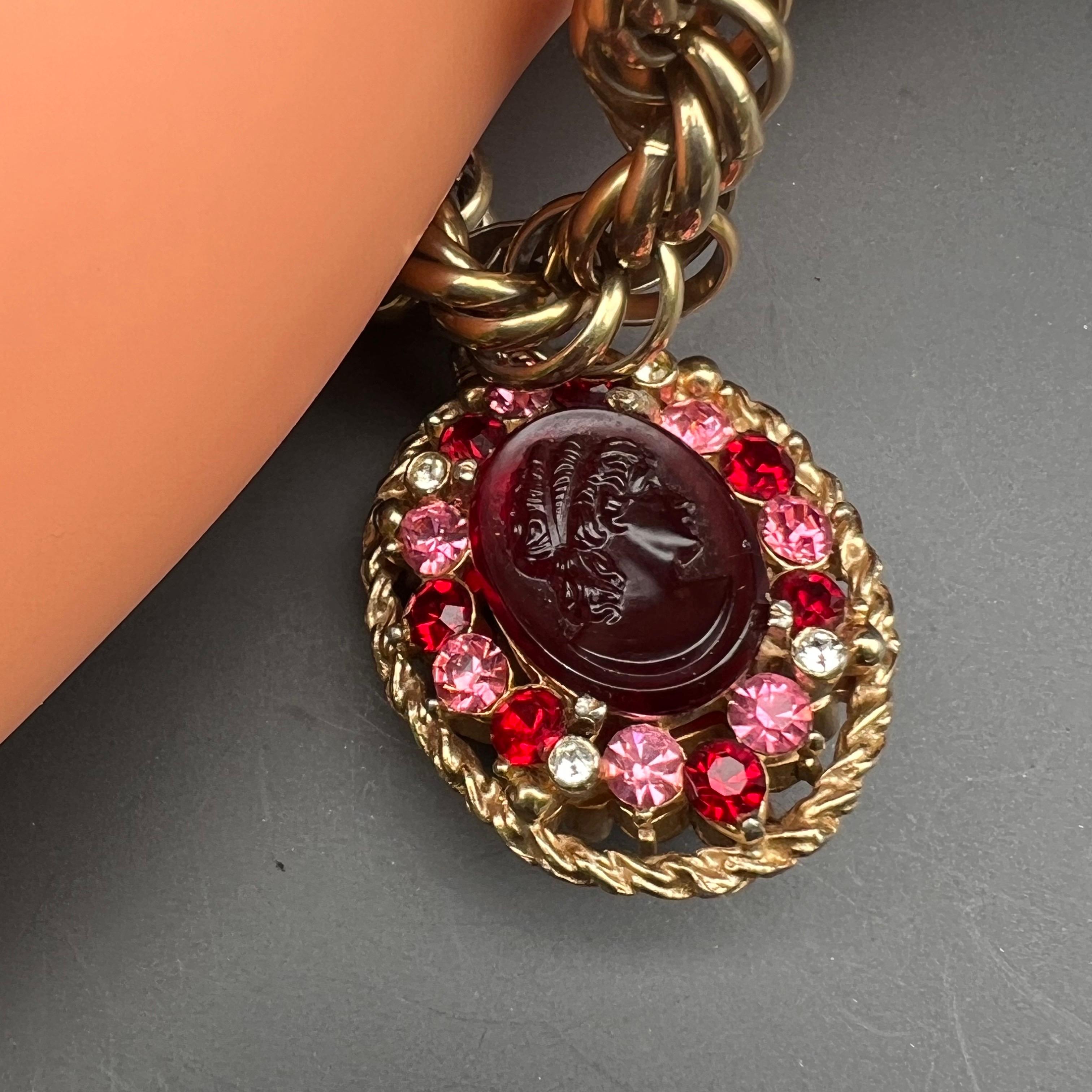 Victorian Vintage Gold Tone Charm Fob Bracelet with Cameo Glass and Rhinestones For Sale