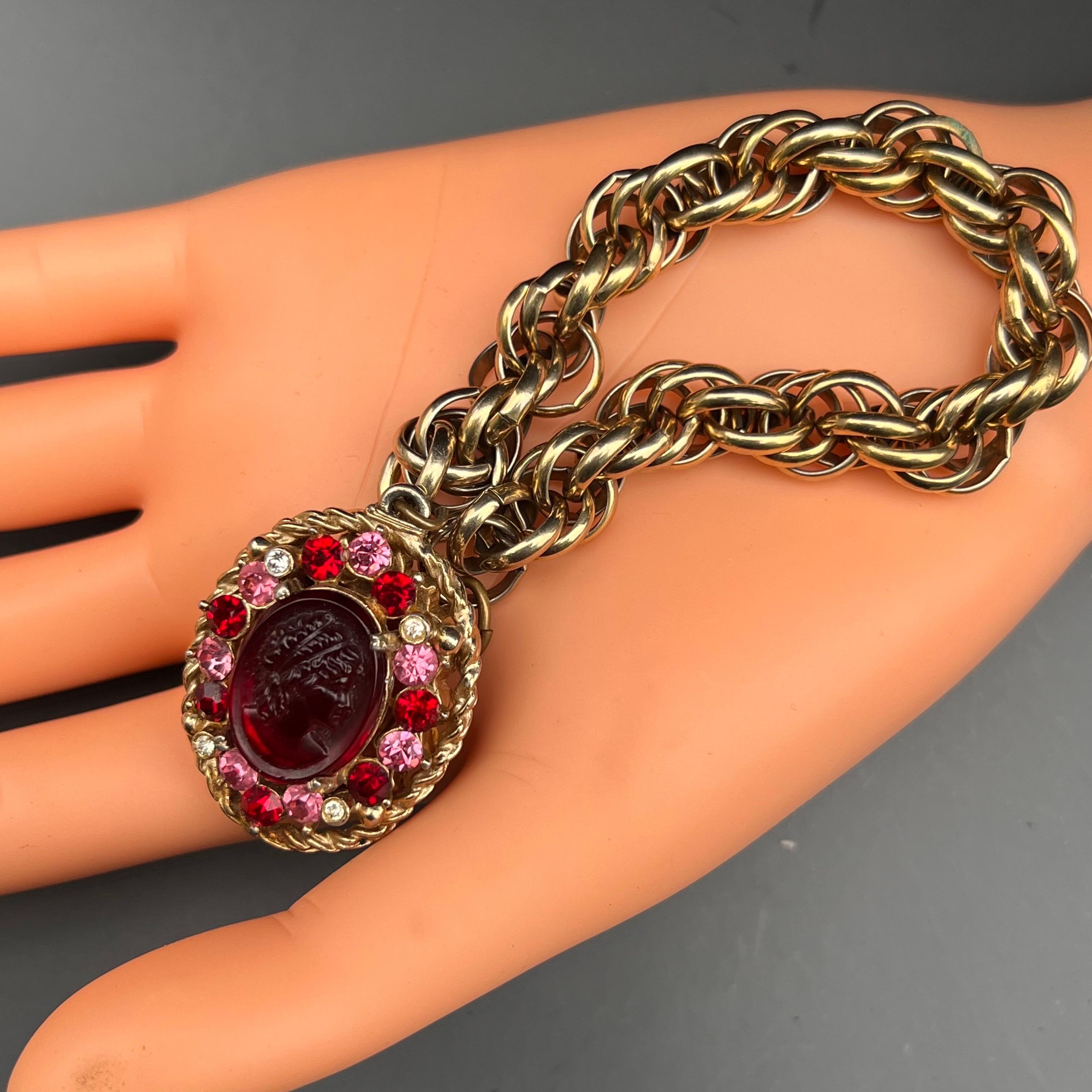 Vintage Gold Tone Charm Fob Bracelet with Cameo Glass and Rhinestones In Good Condition For Sale In Monroe Township, NJ
