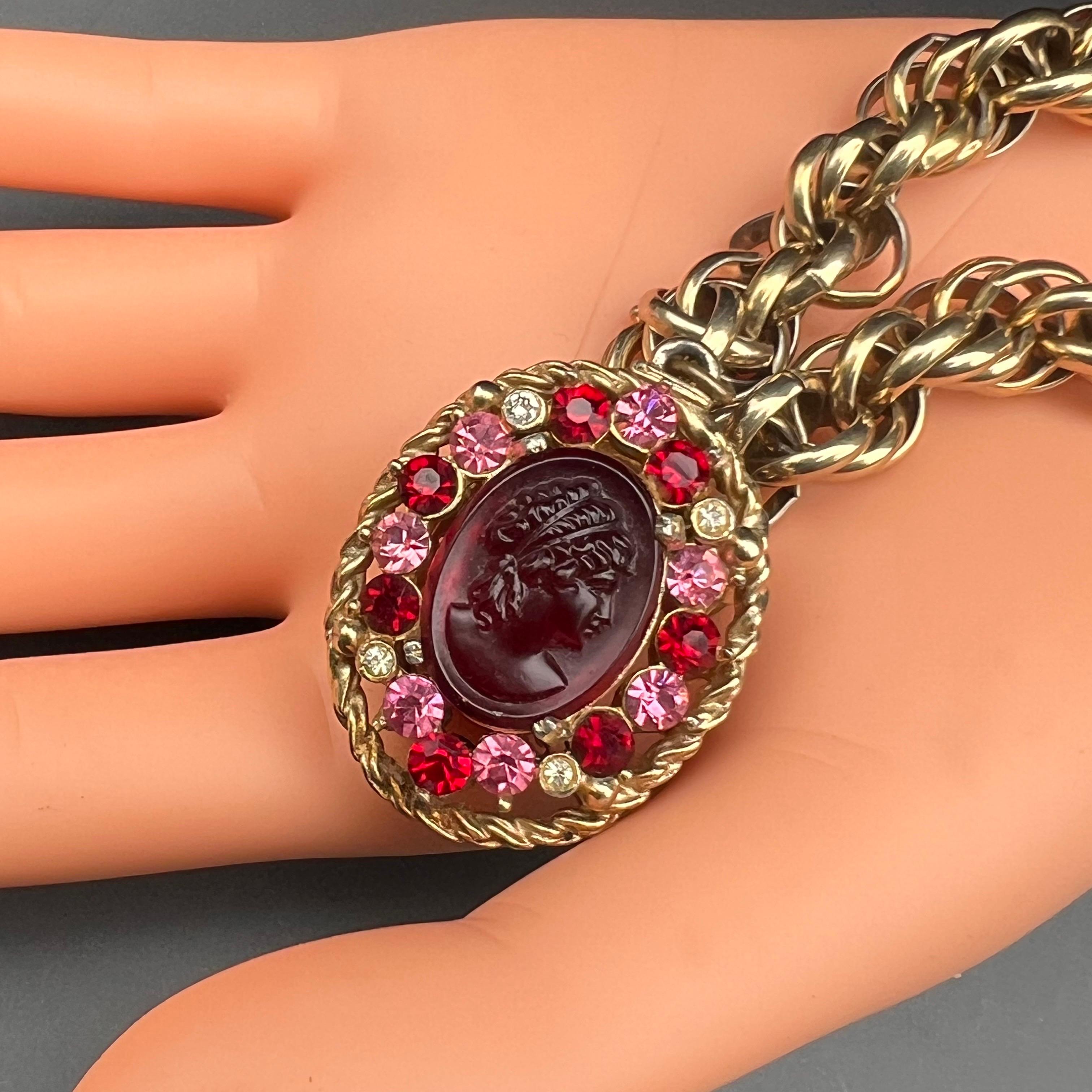 Women's Vintage Gold Tone Charm Fob Bracelet with Cameo Glass and Rhinestones For Sale