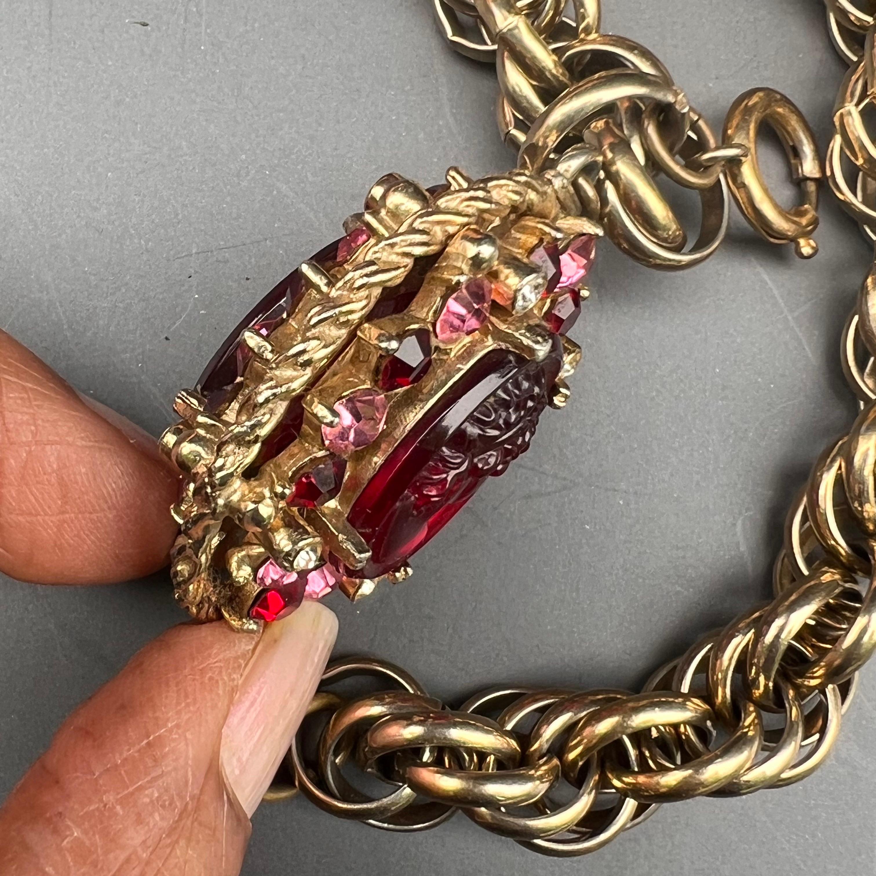 Vintage Gold Tone Charm Fob Bracelet with Cameo Glass and Rhinestones For Sale 3
