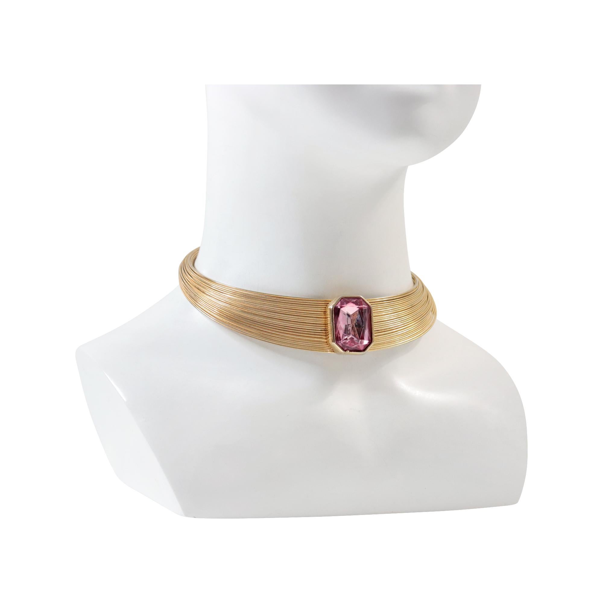 Modern Vintage Gold Tone Choker Necklace with Pink Diamante Circa 1980s For Sale