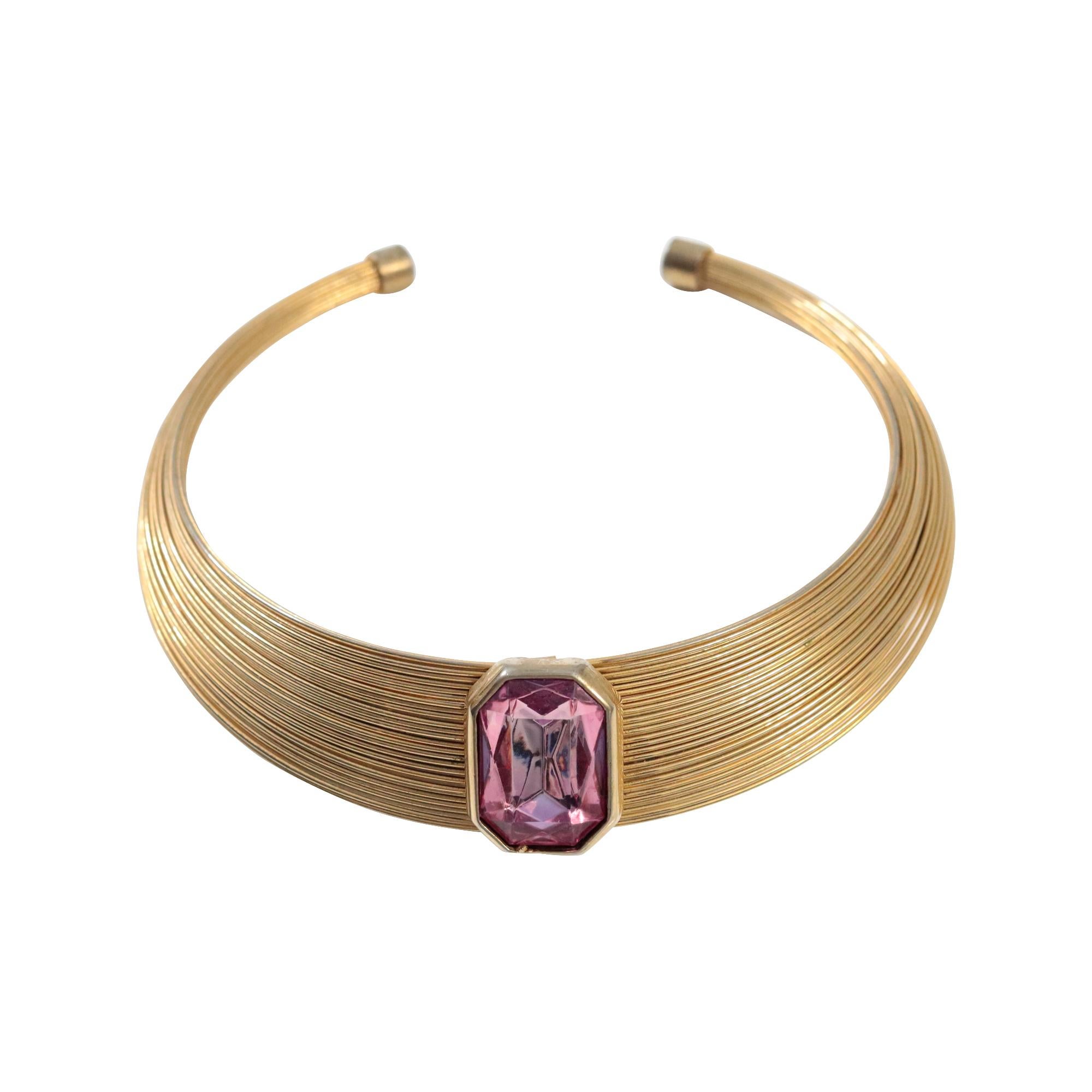 Women's or Men's Vintage Gold Tone Choker Necklace with Pink Diamante Circa 1980s For Sale