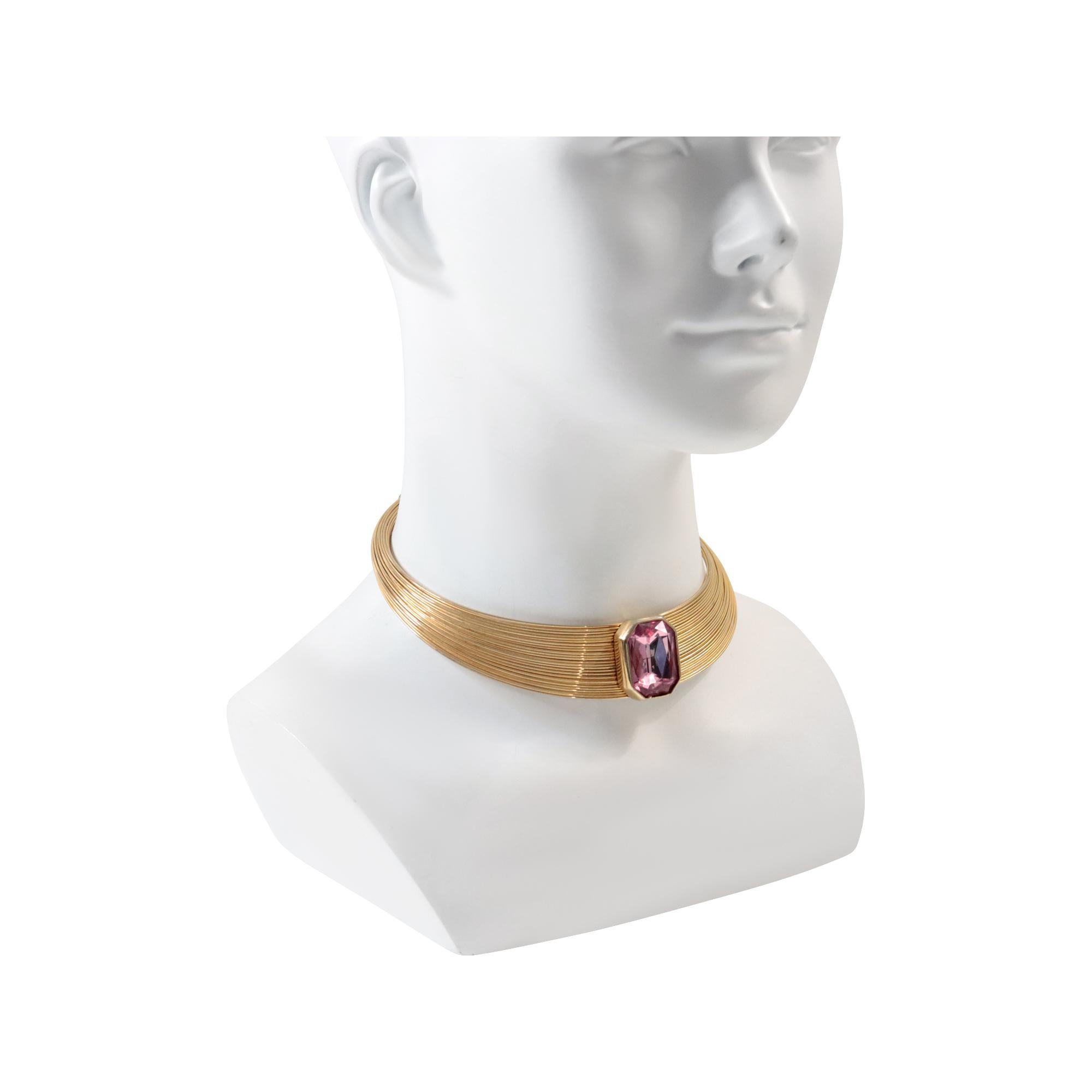 Vintage Gold Tone Choker Necklace with Pink Diamante Circa 1980s For Sale 2