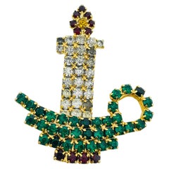 Vintage gold tone Christmas candle rhinestone designer brooch