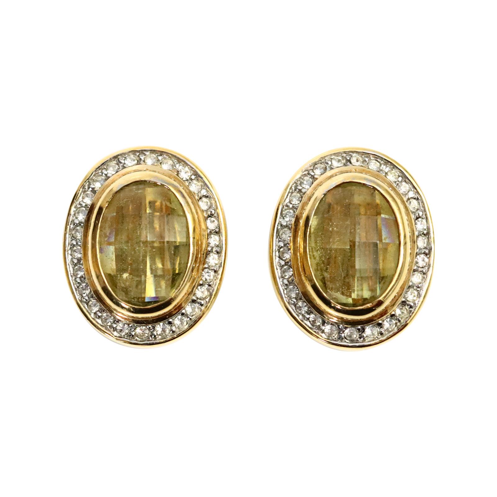 Vintage Gold Tone Citrine and Diamante Earrings Circa 1980's. These are well made and substantial earrings They have a layered effect as the diamante is surrounded by the gold as well as the citrine for a well made earring and a beautiful look.