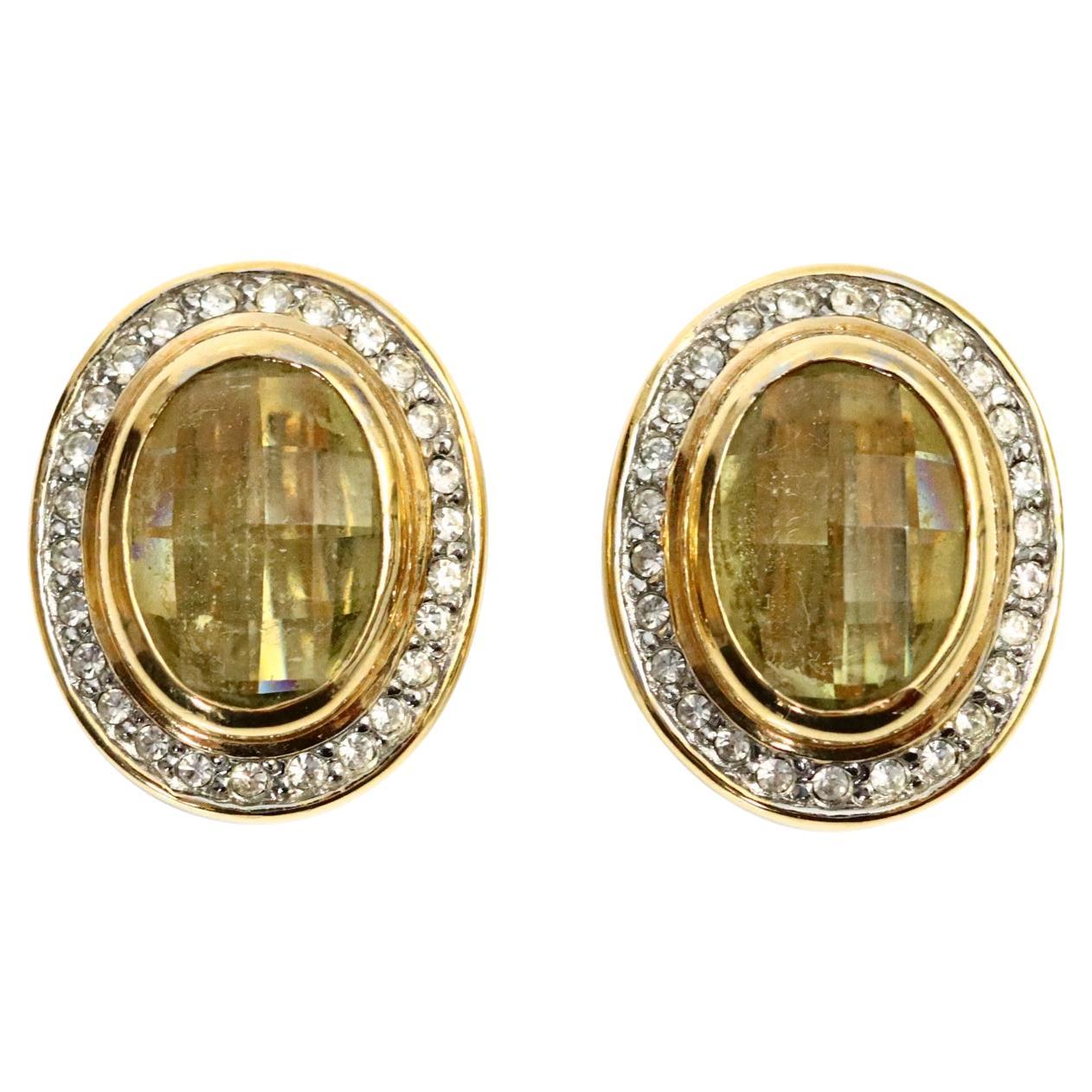 Vintage Gold Tone Citrine and Diamante Earrings, Circa 1980's
