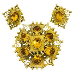 Vintage gold tone citrine glass brooch earrings designer set