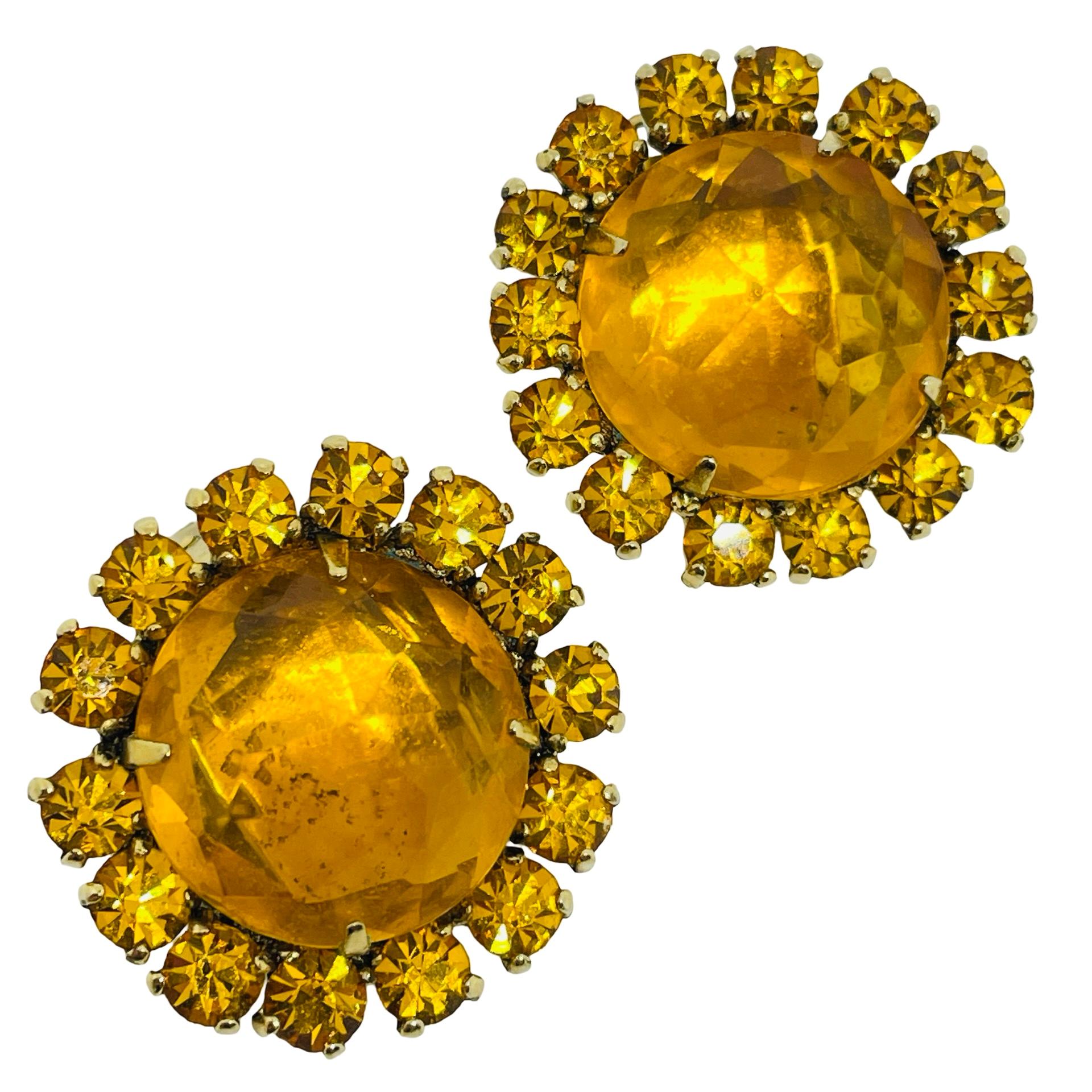 Vintage Gold Ton Citrin Glas Designer Clip auf Ohrringe