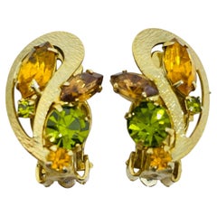 Vintage goldfarbene Citrin-grüne Strass-Steine Designer Clip auf Ohrringe