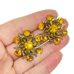 Vintage gold tone citrine rhinestones flower designer clip on earrings