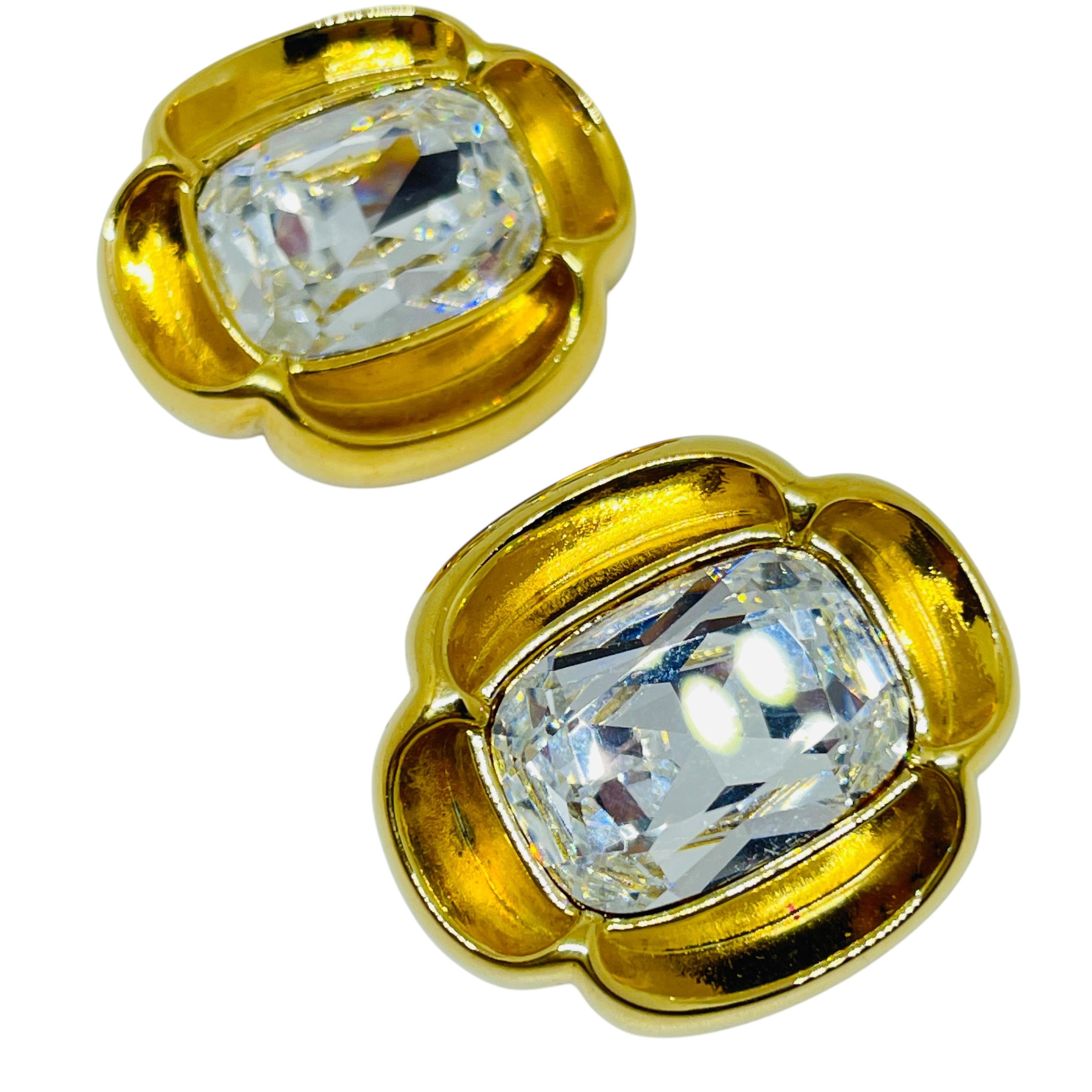 Vintage Gold Ton klar Glas Juwel massiv Designer Clip auf Ohrringe für Damen oder Herren im Angebot